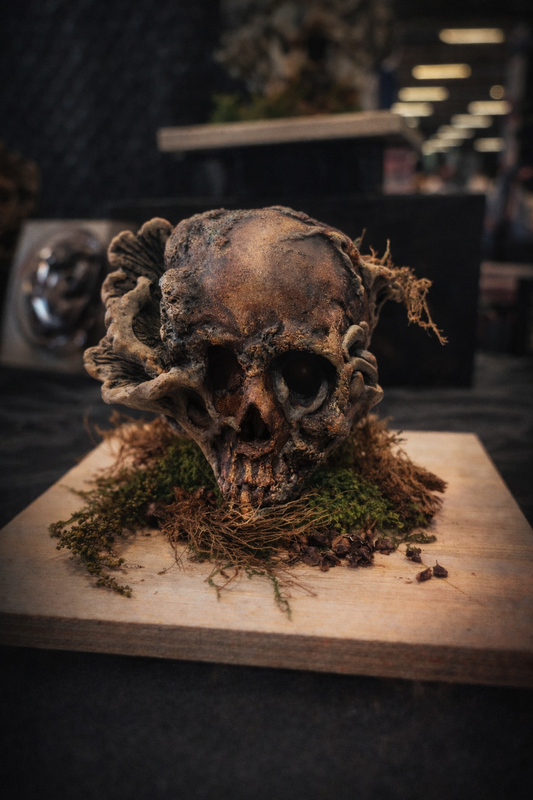 cordyceps skull specimen heavy weathered decay fungal infection horror display dark finish