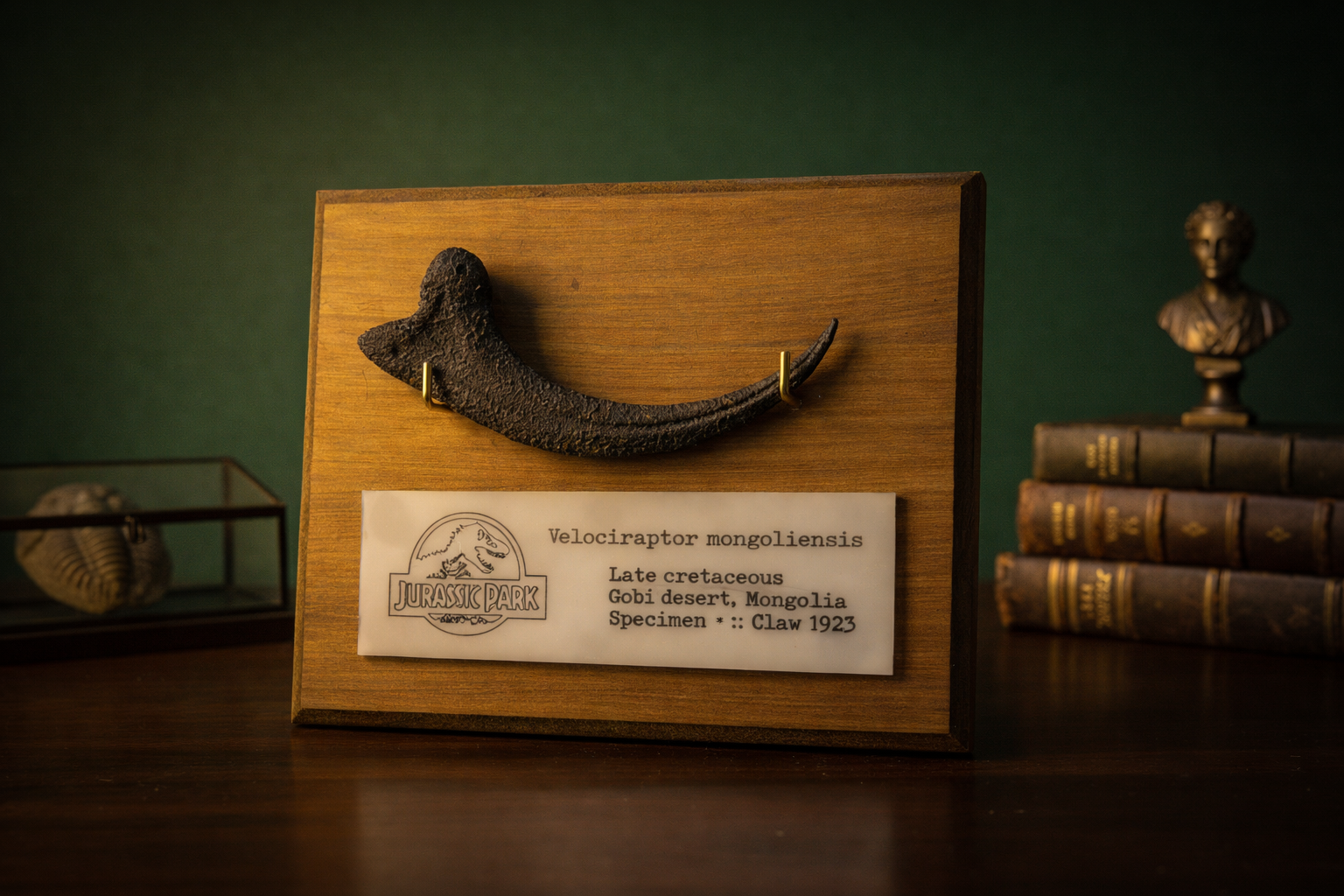 raptor claw display plaque jurassic park inspired resin claw mounted specimen